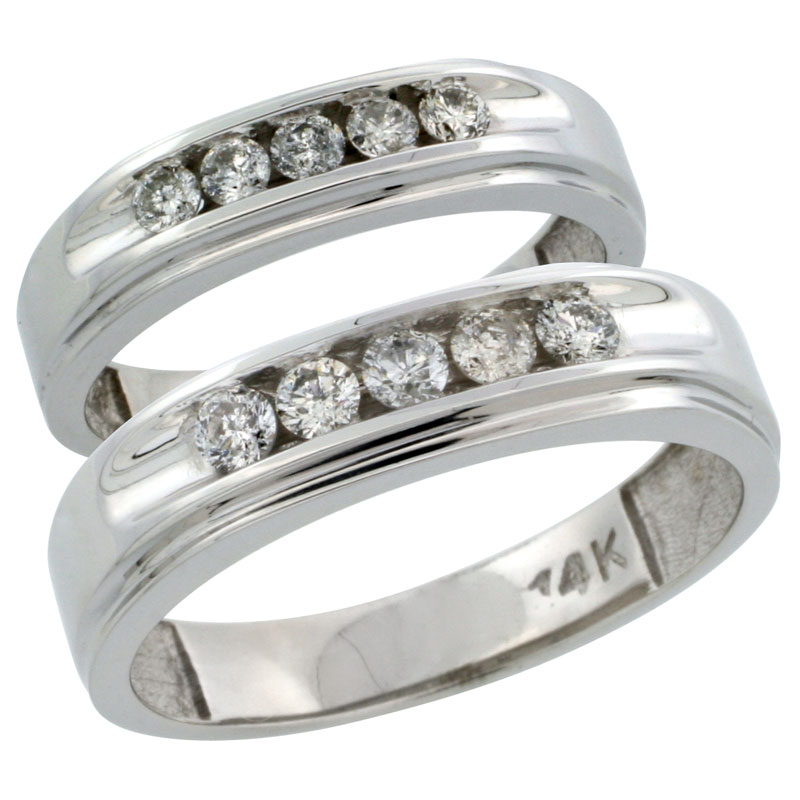 14k White Gold 2-Piece His (6mm) & Hers (5mm) Diamond Wedding Ring Band Set w/ 0.67 Carat Brilliant Cut Diamonds; (Ladies Size 5 to10; Men's Size 8 to 12.5)