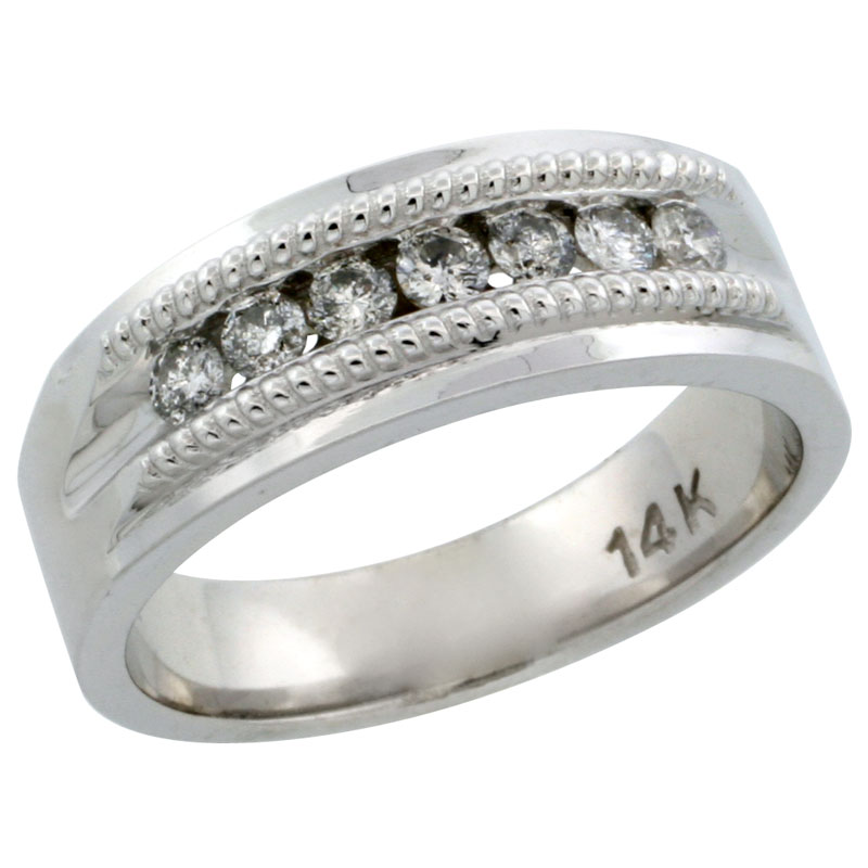 14k White Gold 7-Stone Milgrain Design Ladies' Diamond Ring Band w/ 0.22 Carat Brilliant Cut Diamonds, 1/4 in. (6.5mm) wide