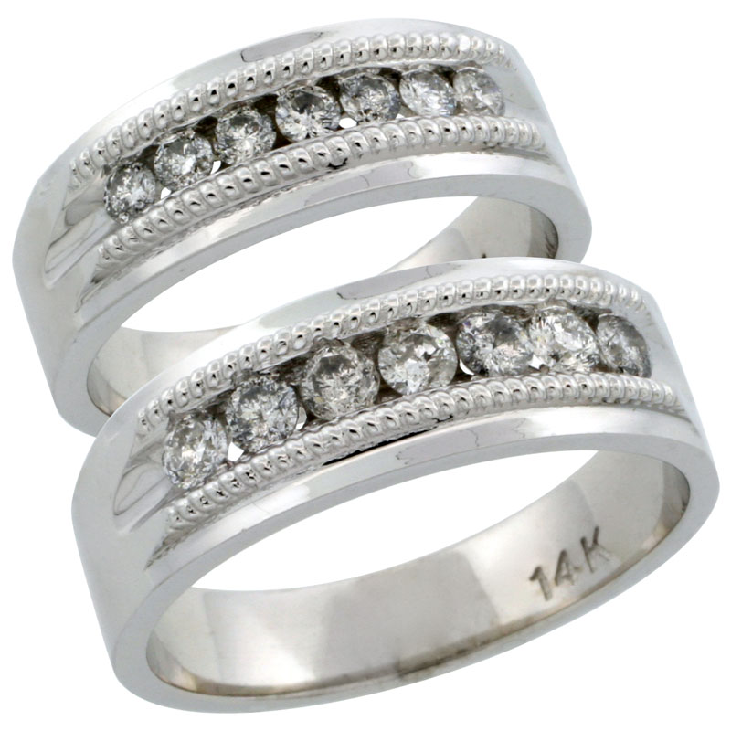 14k White Gold 2-Piece His (7mm) & Hers (6.5mm) Milgrain Design Diamond Wedding Ring Band Set w/ 0.86 Carat Brilliant Cut Diamonds; (Ladies Size 5 to10; Men's Size 8 to 12.5)