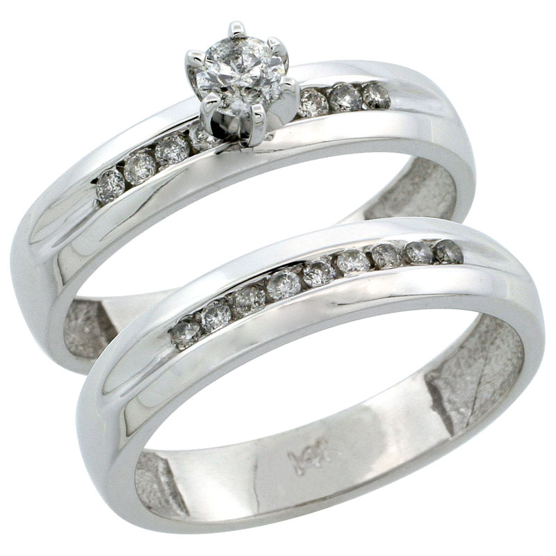 14k White Gold 2-Piece Diamond Engagement Ring Band Set w/ 0.37 Carat Brilliant Cut Diamonds, 5/32 in. (4mm) wide