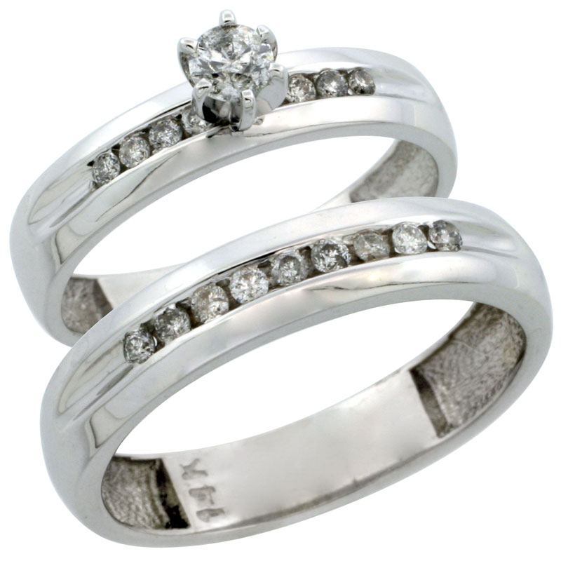 14k White Gold 2-Piece Diamond Ring Band Set w/ Rhodium Accent ( Engagement Ring & Man's Wedding Band ), w/ 0.42 Carat Brilliant Cut Diamonds, ( 4mm; 5mm ) wide