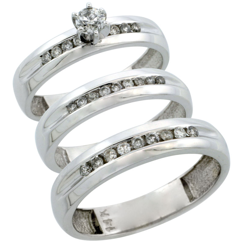 14k White Gold 3-Piece Trio His (5mm) & Hers (4mm) Diamond Wedding Ring Band Set w/ 0.53 Carat Brilliant Cut Diamonds; (Ladies Size 5 to10; Men's Size 8 to 14)