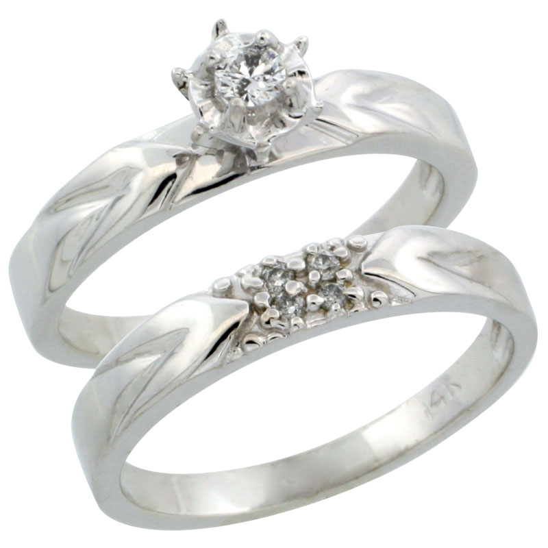 14k White Gold 2-Piece Diamond Engagement Ring Band Set w/ 0.11 Carat Brilliant Cut Diamonds, 1/8 in. (3.5mm) wide