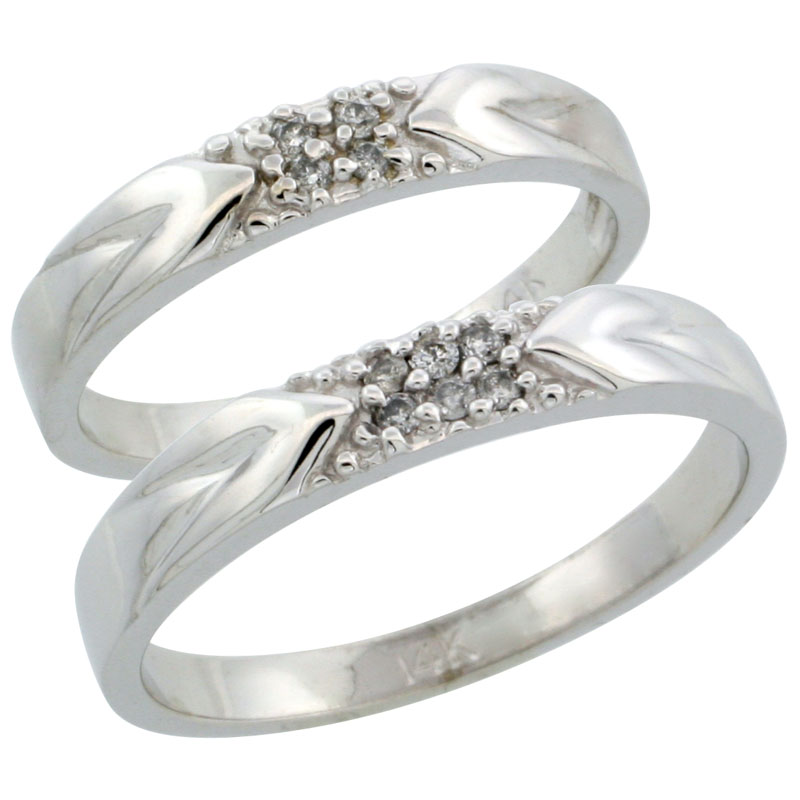 14k White Gold 2-Piece His (3.5mm) & Hers (3.5mm) Diamond Wedding Ring Band Set w/ 0.10 Carat Brilliant Cut Diamonds; (Ladies Size 5 to10; Men's Size 8 to 14)