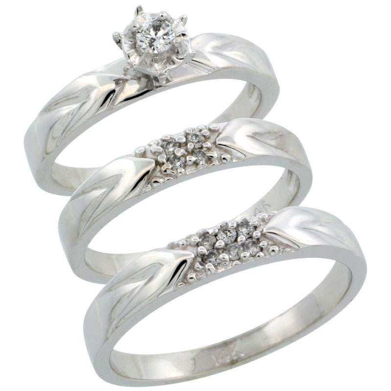 14k White Gold 3-Piece Trio His (3.5mm) & Hers (3.5mm) Diamond Wedding Ring Band Set w/ 0.17 Carat Brilliant Cut Diamonds; (Ladies Size 5 to10; Men's Size 8 to 14)