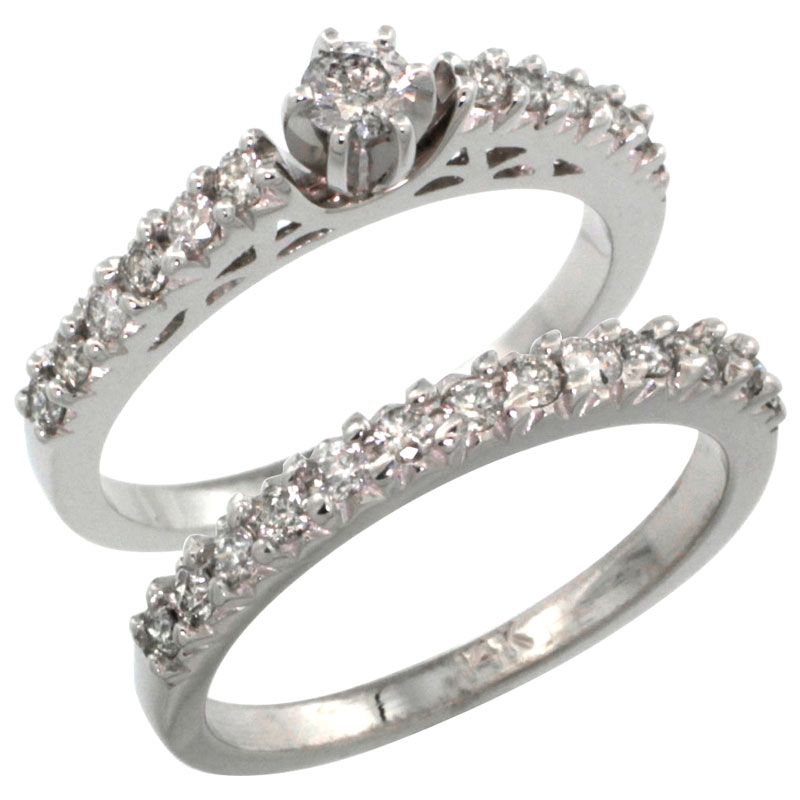 14k White Gold 2-Piece Diamond Engagement Ring Band Set w/ 0.72 Carat Brilliant Cut Diamonds, 3/32 in. (2.5mm) wide