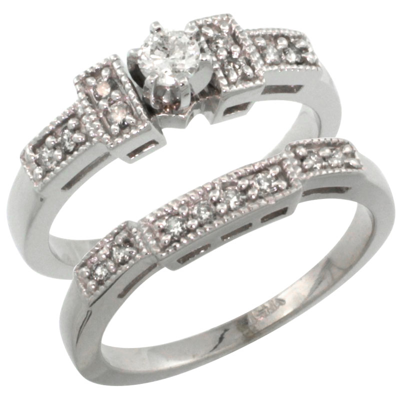 14k White Gold 2-Piece Diamond Engagement Ring Band Set w/ 0.37 Carat Brilliant Cut Diamonds, 1/8 in. (3mm) wide