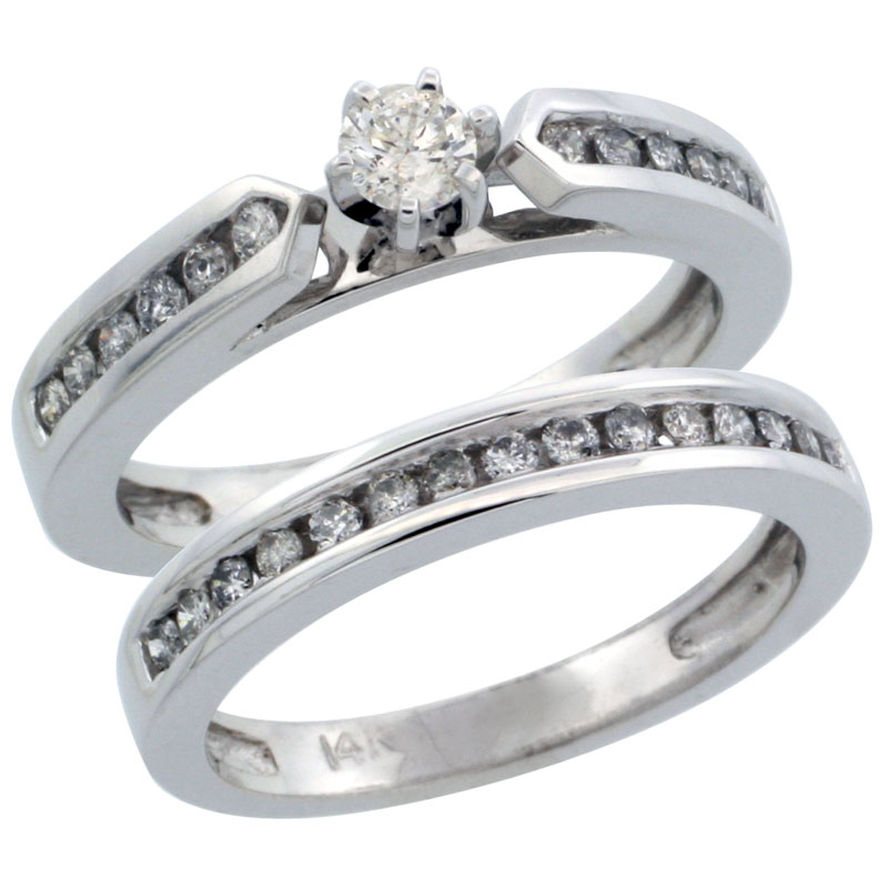 14k White Gold 2-Piece Diamond Engagement Ring Band Set w/ 0.56 Carat Brilliant Cut Diamonds, 1/8 in. (3mm) wide
