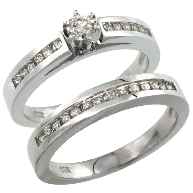 14k White Gold 2-Piece Diamond Engagement Ring Band Set w/ 0.42 Carat Brilliant Cut Diamonds, 1/8 in. (3mm) wide