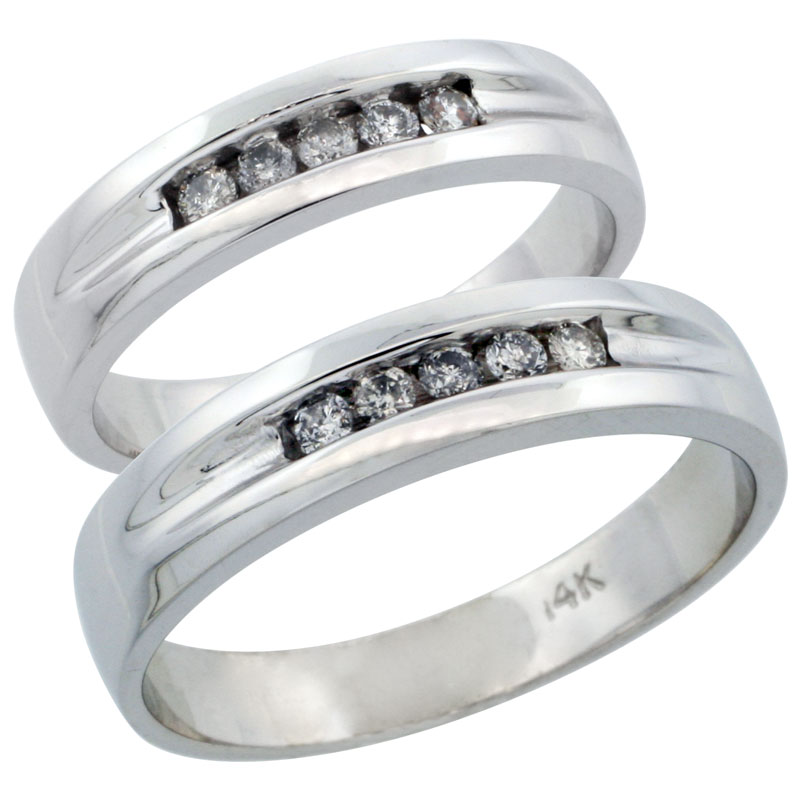 14k White Gold 2-Piece His (6mm) & Hers (6mm) Diamond Wedding Ring Band Set w/ 0.28 Carat Brilliant Cut Diamonds; (Ladies Size 5 to10; Men's Size 8 to 14)