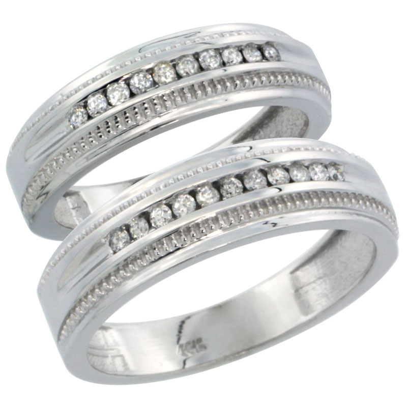 14k White Gold 2-Piece His (6.5mm) & Hers (6mm) Diamond Wedding Ring Band Set w/ 0.60 Carat Brilliant Cut Diamonds; (Ladies Size 5 to10; Men's Size 8 to 12.5)