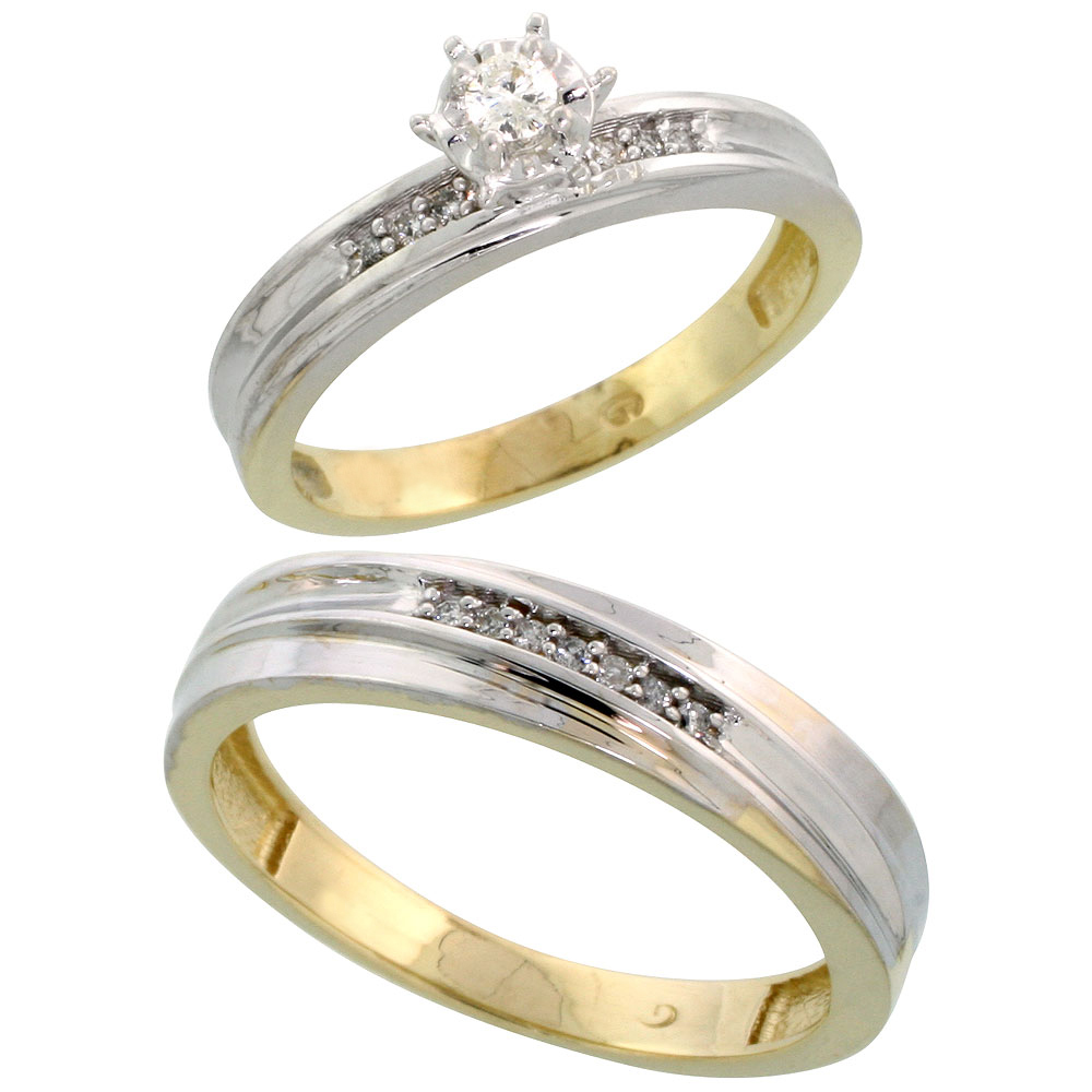 14k Gold 2-Piece Diamond Ring Set w/ Rhodium Accent ( Engagement Ring & Man's Wedding Band ), w/ 0.21 Carat Brilliant Cut Diamonds, ( 3.5mm; 5mm ) wide
