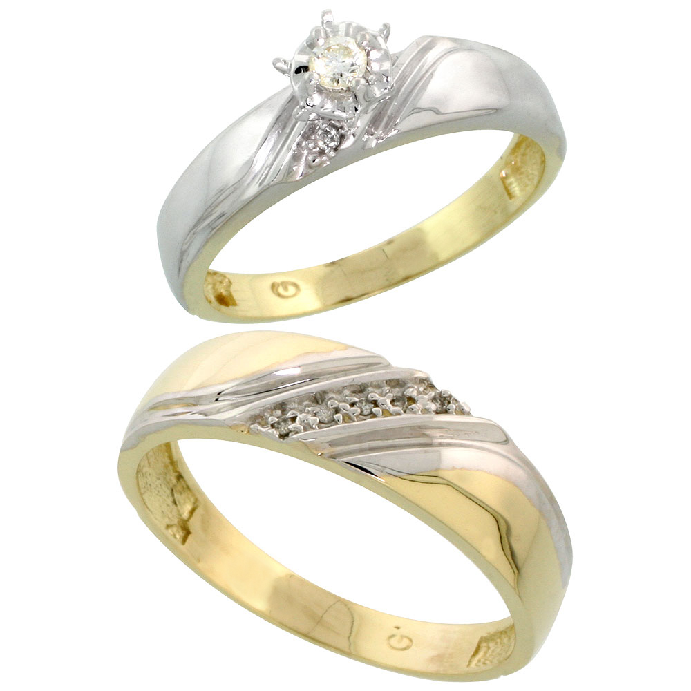 14k Gold 2-Piece Diamond Ring Set w/ Rhodium Accent ( Engagement Ring & Man's Wedding Band ), w/ 0.18 Carat Brilliant Cut Diamonds, ( 5mm; 7mm ) wide