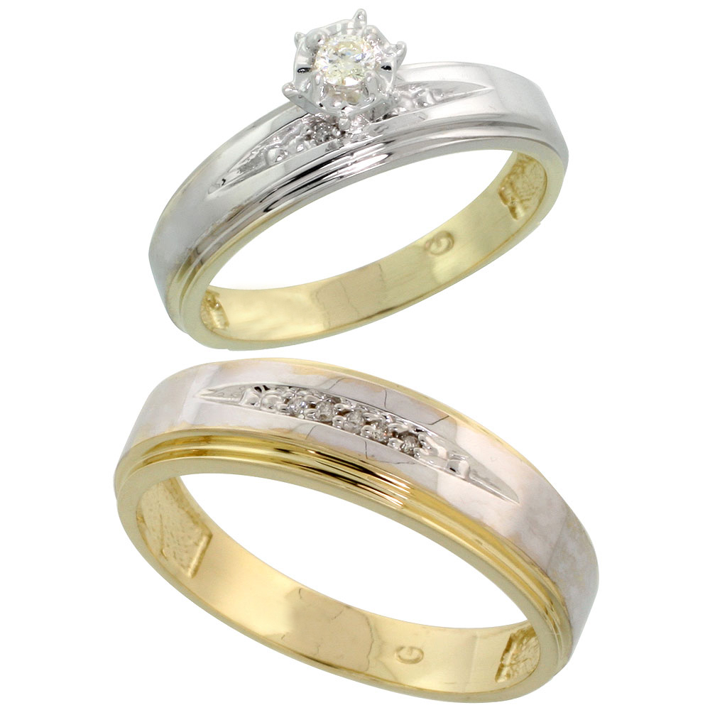 14k Gold 2-Piece Diamond Ring Set w/ Rhodium Accent ( Engagement Ring & Man's Wedding Band ), w/ 0.20 Carat Brilliant Cut Diamonds, ( 5mm; 7mm ) wide