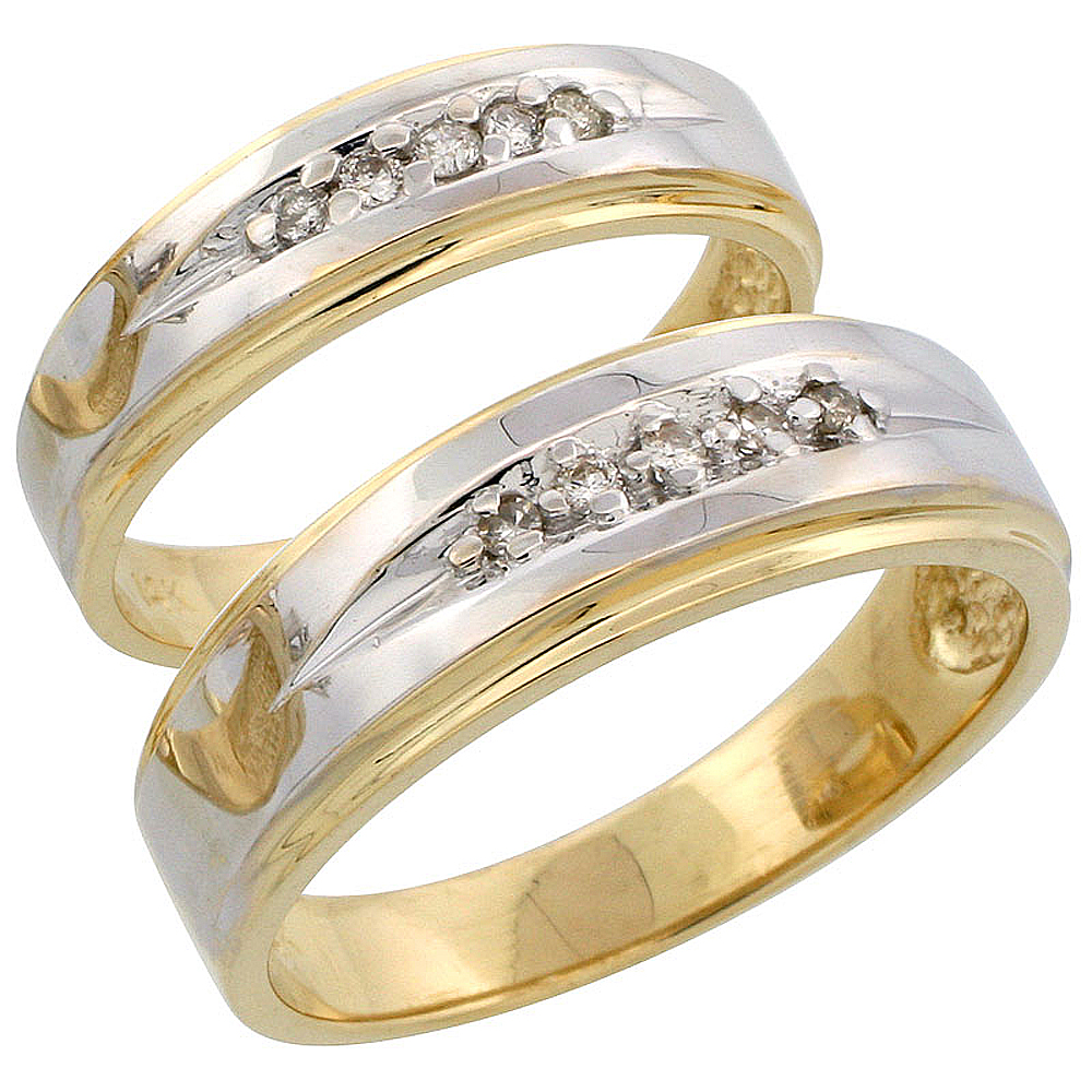 14k Gold 2-Piece His (7mm) & Hers (5mm) Diamond Wedding Band Set w/ Rhodium Accent, w/ 0.16 Carat Brilliant Cut Diamonds; (Ladies Size 5 to10; Men's Size 8 to 14)