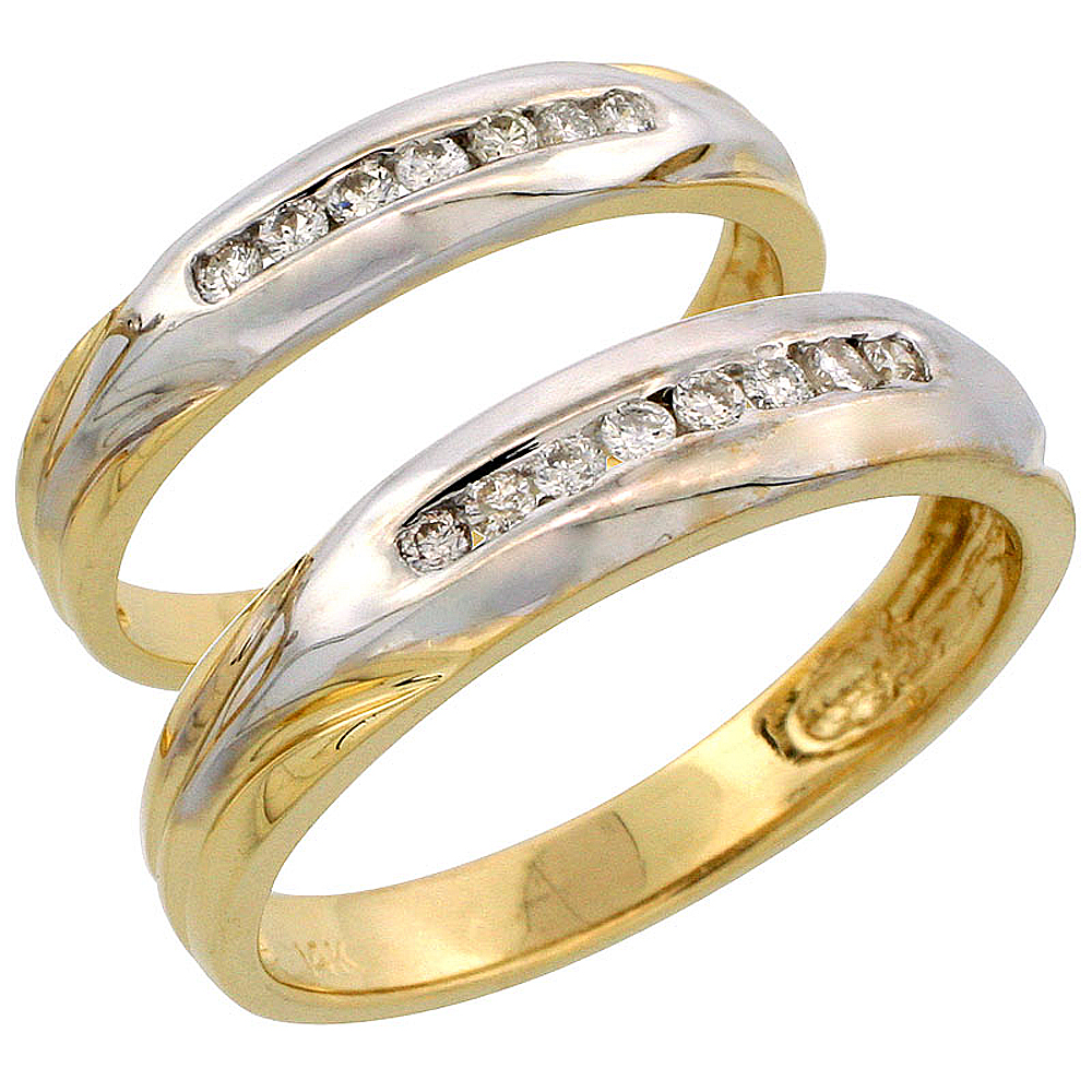 14k Gold 2-Piece His (5mm) & Hers (3.5mm) Diamond Wedding Band Set w/ Rhodium Accent, w/ 0.28 Carat Brilliant Cut Diamonds; (Ladies Size 5 to10; Men's Size 8 to 14)