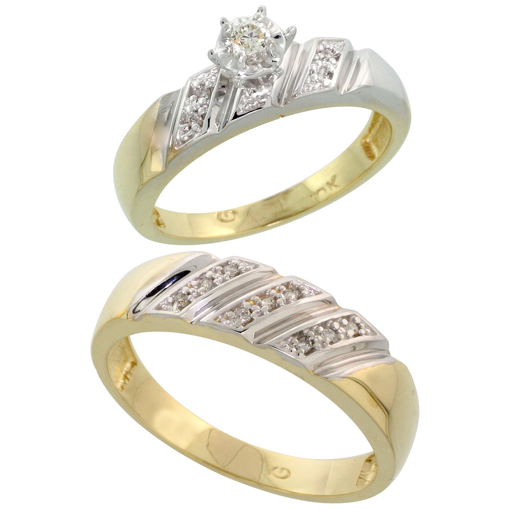 14k Gold 2-Piece Diamond Ring Set w/ Rhodium Accent ( Engagement Ring & Man's Wedding Band ), w/ 0.32 Carat Brilliant Cut Diamonds, ( 6mm; 7mm ) wide