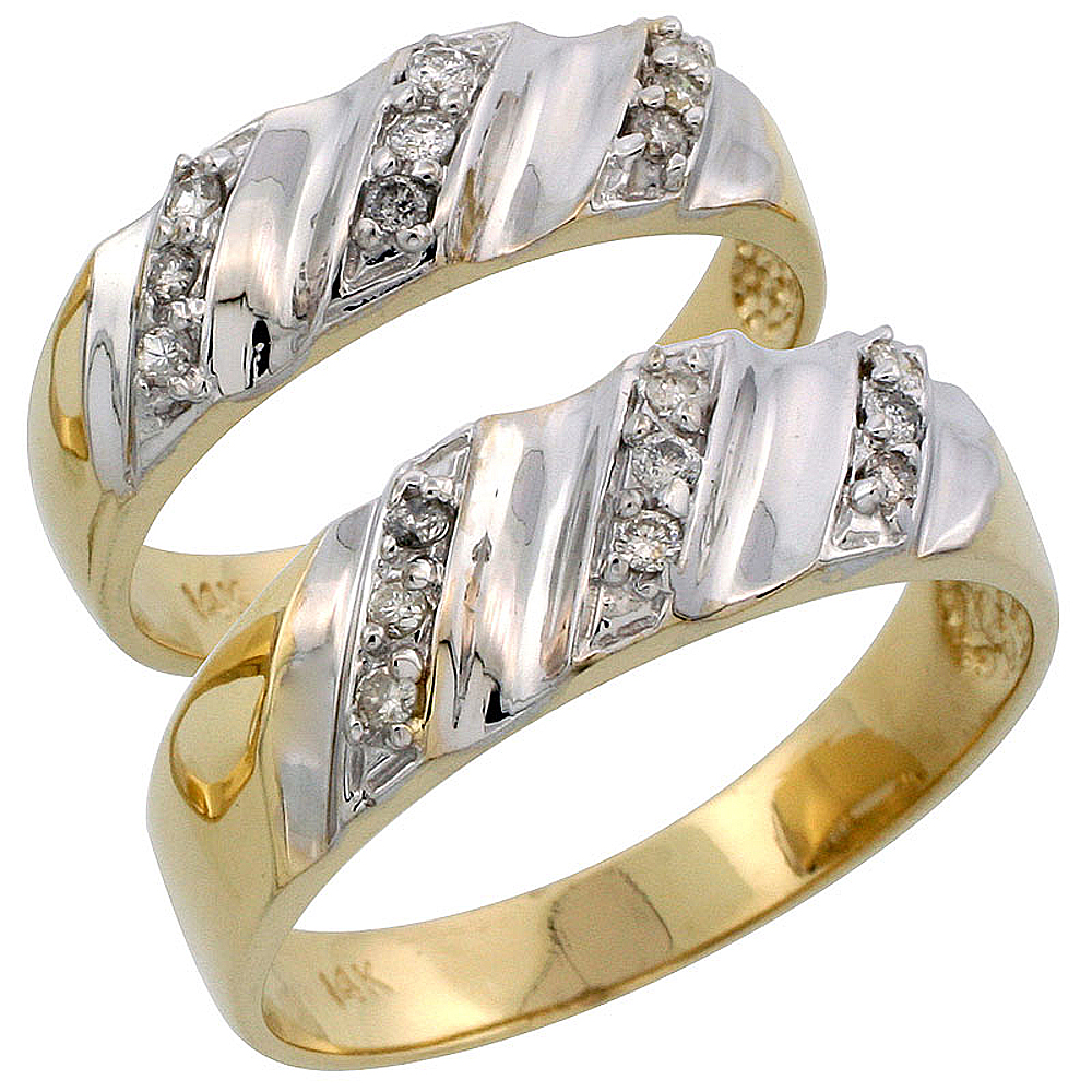 14k Gold 2-Piece His (7mm) & Hers (6mm) Diamond Wedding Band Set w/ Rhodium Accent, w/ 0.28 Carat Brilliant Cut Diamonds; (Ladies Size 5 to10; Men's Size 8 to 14)