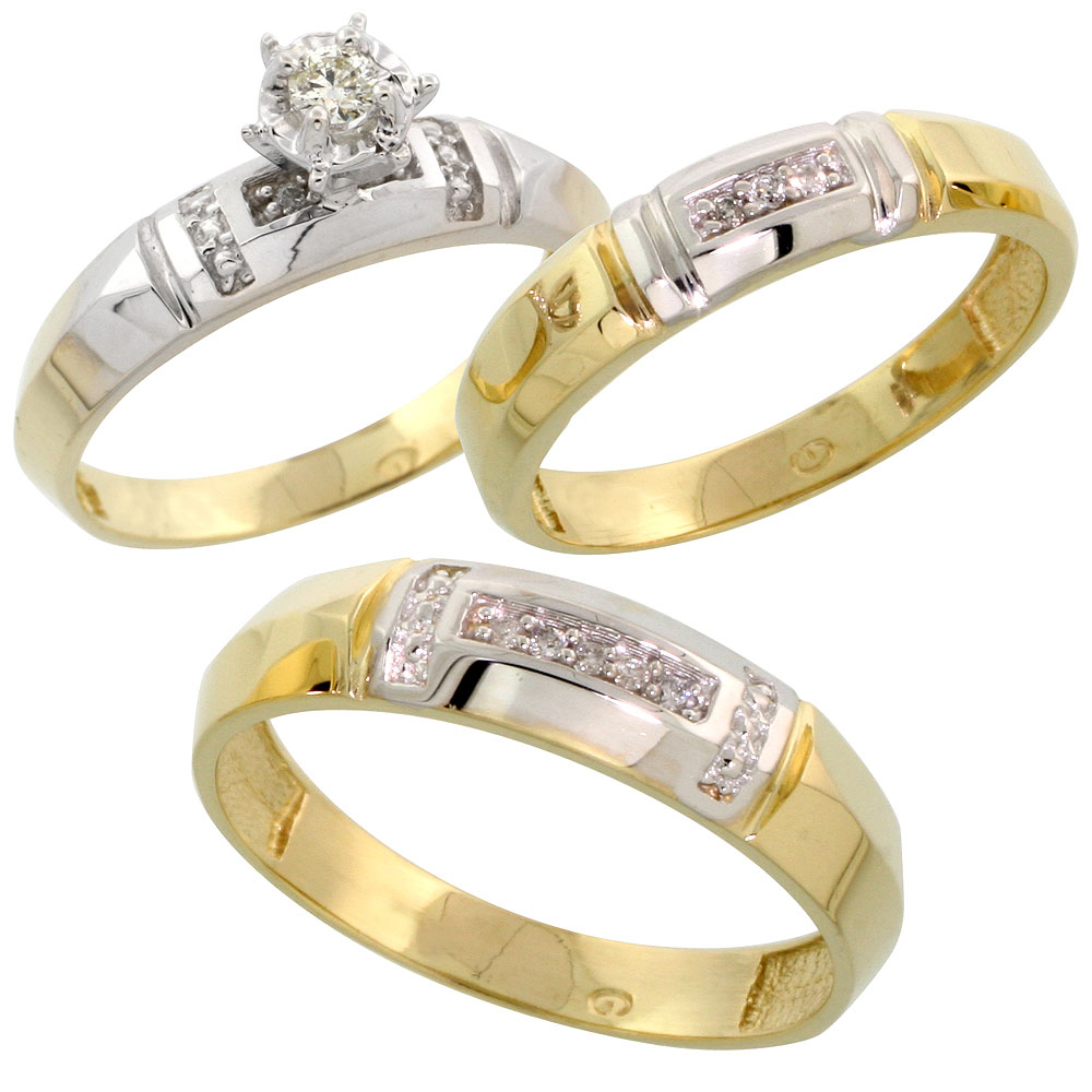 14k Gold 3-Piece Trio His (5mm) & Hers (4mm) Diamond Wedding Band Set w/ Rhodium Accent, w/ 0.63 Carat Brilliant Cut Diamonds; (Ladies Size 5 to10; Men's Size 8 to 14)
