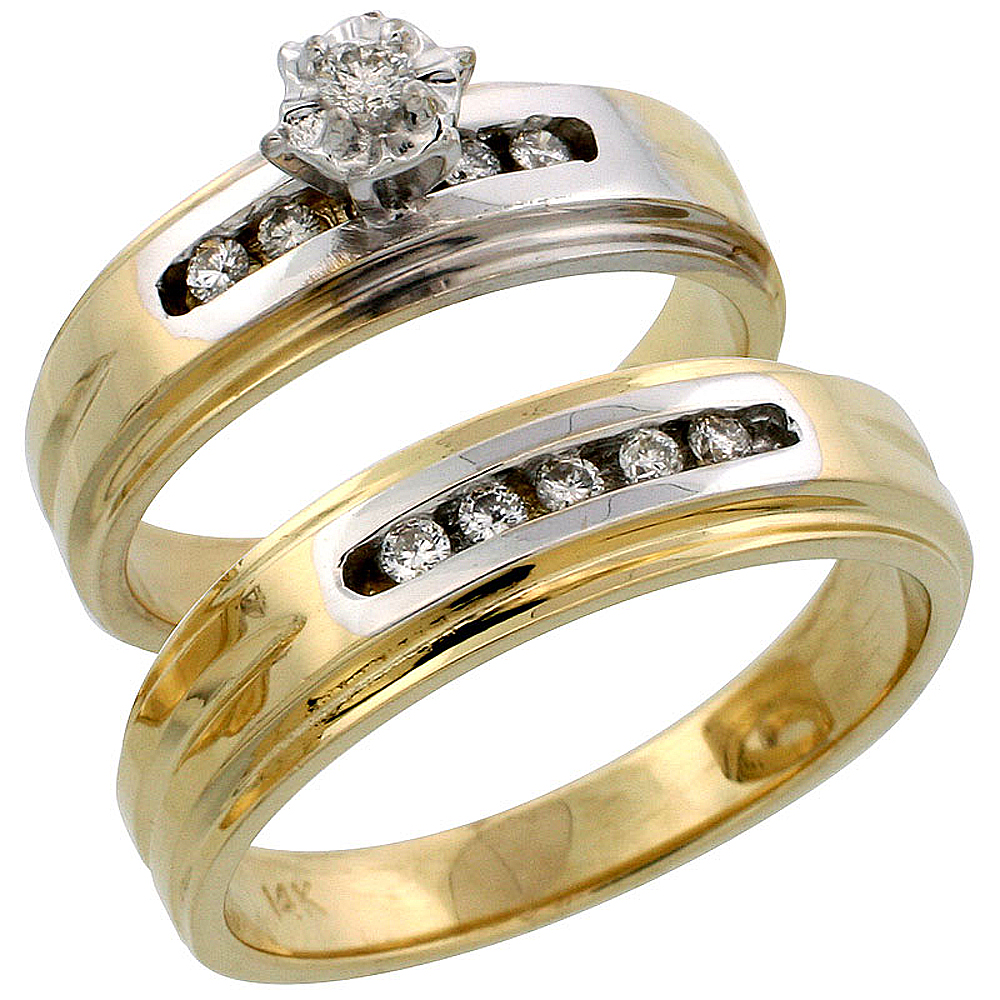 14k Gold 2-Piece Diamond Ring Set w/ Rhodium Accent ( Engagement Ring & Man's Wedding Band ), w/ 0.23 Carat Brilliant Cut Diamonds, ( 6mm; 6mm ) wide