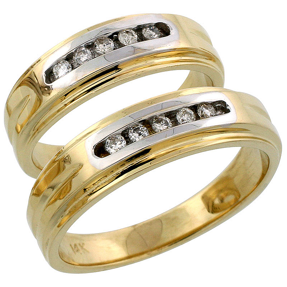 14k Gold 2-Piece His (6mm) & Hers (6mm) Diamond Wedding Band Set w/ Rhodium Accent, w/ 0.20 Carat Brilliant Cut Diamonds; (Ladies Size 5 to10; Men's Size 8 to 14)
