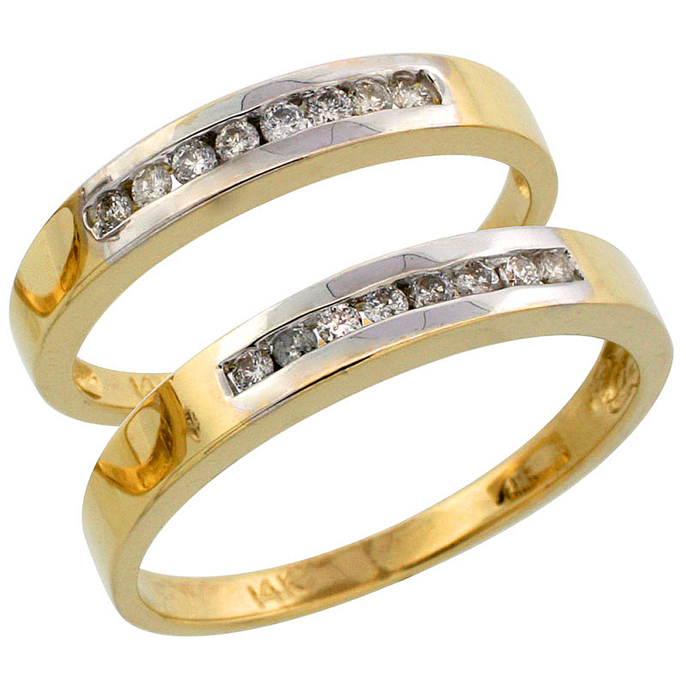 14k Gold 2-Piece His (3mm) & Hers (3mm) Diamond Wedding Band Set w/ Rhodium Accent, w/ 0.28 Carat Brilliant Cut Diamonds; (Ladies Size 5 to10; Men's Size 8 to 14)