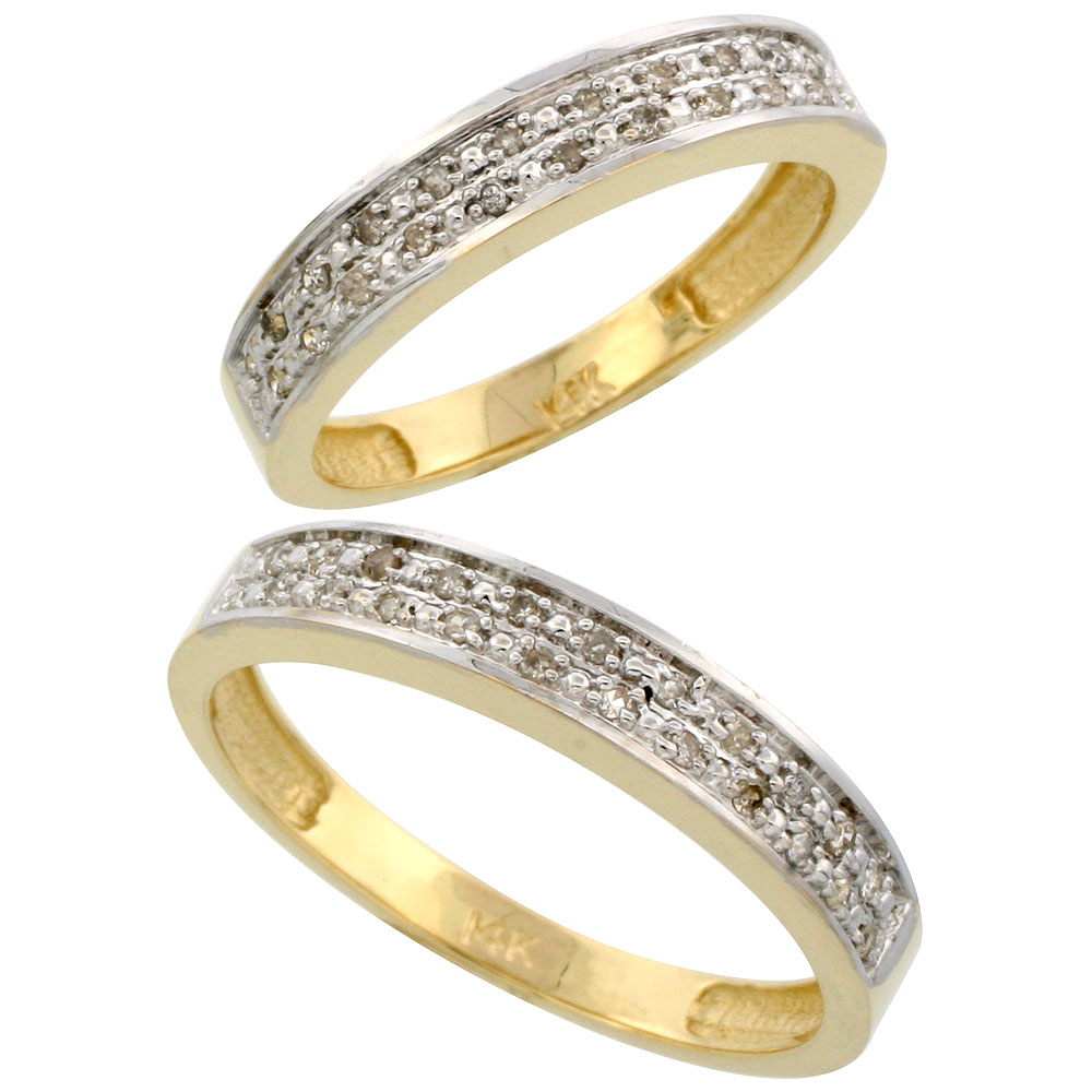 14k Gold 2-Piece His (4mm) & Hers (4mm) Diamond Wedding Band Set, w/ 0.20 Carat Brilliant Cut Diamonds; (Ladies Size 5 to10; Men's Size 8 to 14)