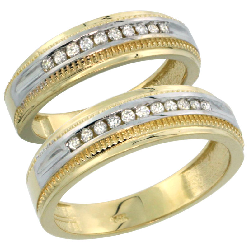 14k Gold 2-Piece His (6.5mm) & Hers (6mm) Diamond Wedding Ring Band Set w/ 0.60 Carat Brilliant Cut Diamonds; (Ladies Size 5 to10; Men's Size 8 to 12.5)