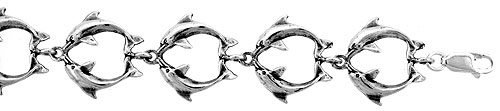 Sterling Silver Double Dolphin Charm Bracelet, 7 inches long