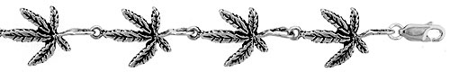Sterling Silver Pot Leaf Charm Bracelet, 7 inches long