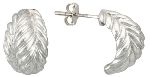 Sterling Silver Half Hoop Bali Style Leaf Design Post Earrings, 5/8 inch (16 mm) tall