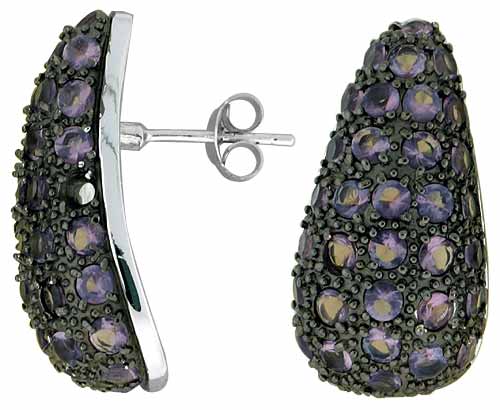 Sterling Silver 1" (25 mm) tall Jeweled Pear-shaped Post Earrings, Rhodium Plated w/ 2mm Synthetic Amethyst Stones