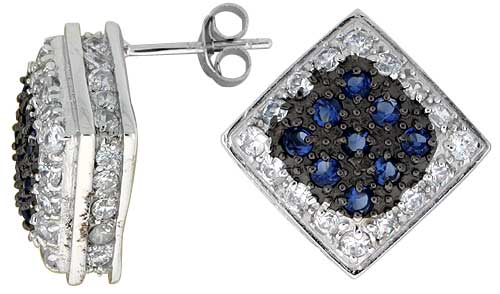 Sterling Silver 3/4" (19 mm) tall Jeweled Diamond-shaped Post Earrings, Rhodium Plated w/ High Quality Blue & White CZ Stones