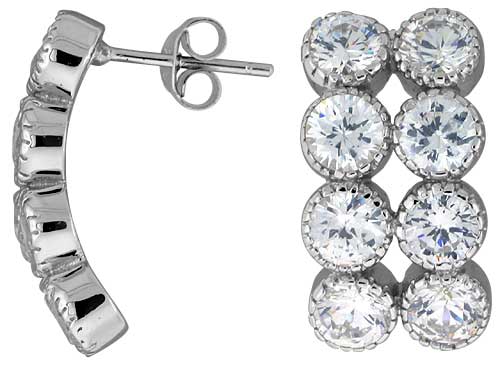 Sterling Silver 13/16" (21 mm) tall Jeweled Post Earrings, Rhodium Plated w/ 8 (5 mm) High Quality CZ Stones