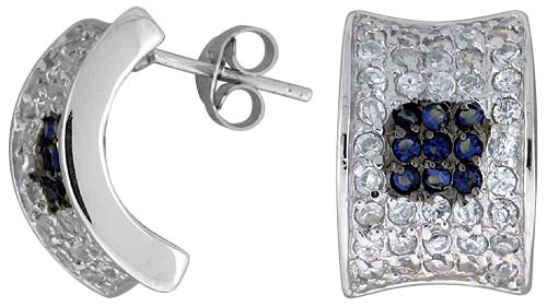 Sterling Silver 5/8" (16 mm) tall Jeweled Post Earrings, Rhodium Plated w/ High Quality Blue & White CZ Stones