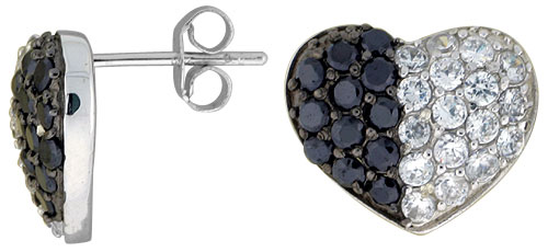 Sterling Silver 1/2" (12 mm) tall Jeweled Heart Post Earrings, Rhodium Plated w/ High Quality Black & White CZ Stones