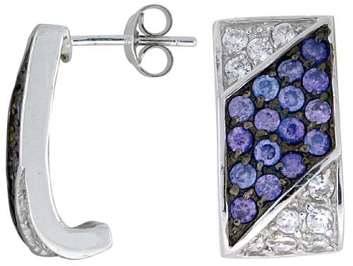 Sterling Silver 3/4" (19 mm) tall Jeweled Rectangular Post Earrings, Rhodium Plated w/ High Quality Synthetic Amethyst & White CZ Stones