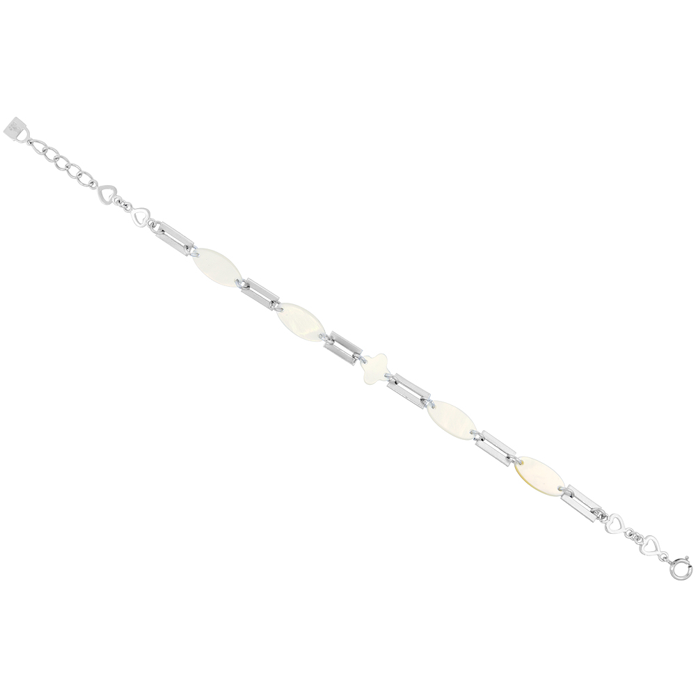 Sterling Silver Oval Mother of Pearl and Shell Bracelet with Teeny Hearts, 7 inch long + 1 inch extension