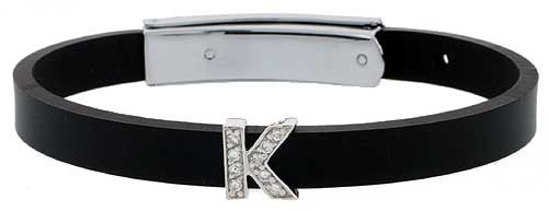 Sterling Silver Block Initial Letter K Alphabet Charm with CZ Stones, for use with 8 mm Flat Rubber Bracelets
