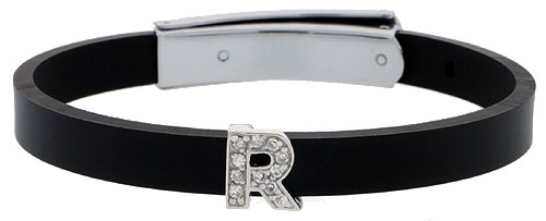 Sterling Silver Block Initial Letter R Alphabet Charm with CZ Stones, for use with 8 mm Flat Rubber Bracelets