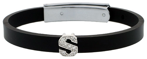 Sterling Silver Block Initial Letter S Alphabet Charm with CZ Stones, for use with 8 mm Flat Rubber Bracelets