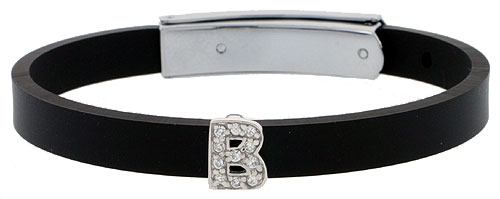 Sterling Silver Block Initial Letter B Alphabet Charm with CZ Stones, for use with 8 mm Flat Rubber Bracelets
