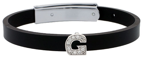 Sterling Silver Block Initial Letter G Alphabet Charm with CZ Stones, for use with 8 mm Flat Rubber Bracelets
