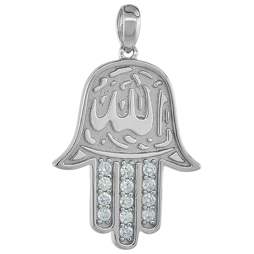 Sterling Silver HAND OF GOD CZ Islamic Pendant, 1 1/16 inch long