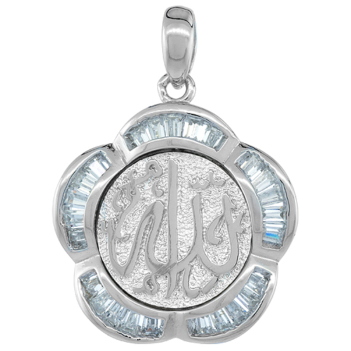 Sterling Silver ALLAH Floral Islamic CZ Pendant, 13/16 inch in diameter