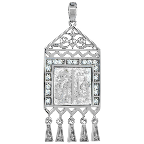 Sterling Silver ALLAH Islamic CZ Pendant with Tassels, 1 9/16 inch long