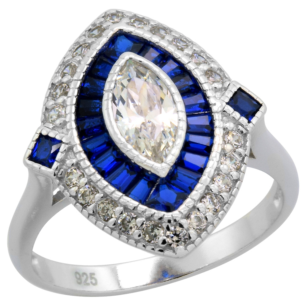 Sterling Silver Art Deco Ring Marquise CZ 9mm Synthetic Baguette Blue Sapphires 3/4 inch sizes 6-9