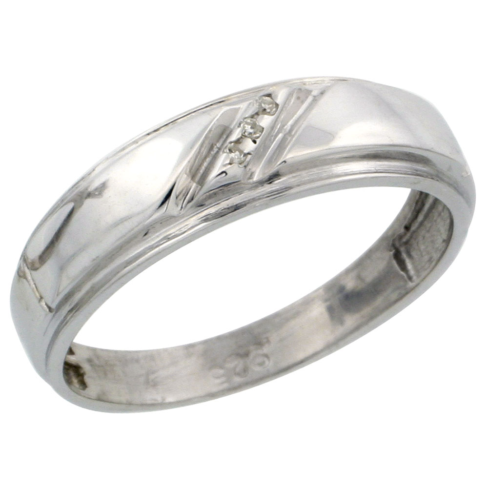 3/16 inch wide Sterling Silver Mens Diamond Wedding Band Rhodium finish