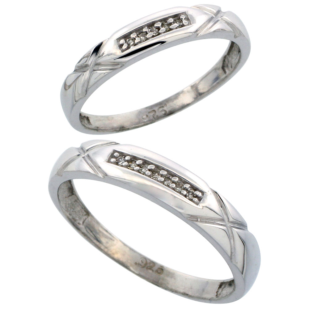 Sterling Silver Diamond 2 Piece Wedding Ring Set His 4mm & Hers 3.5mm Rhodium finish, Men's Size 8 to 14
