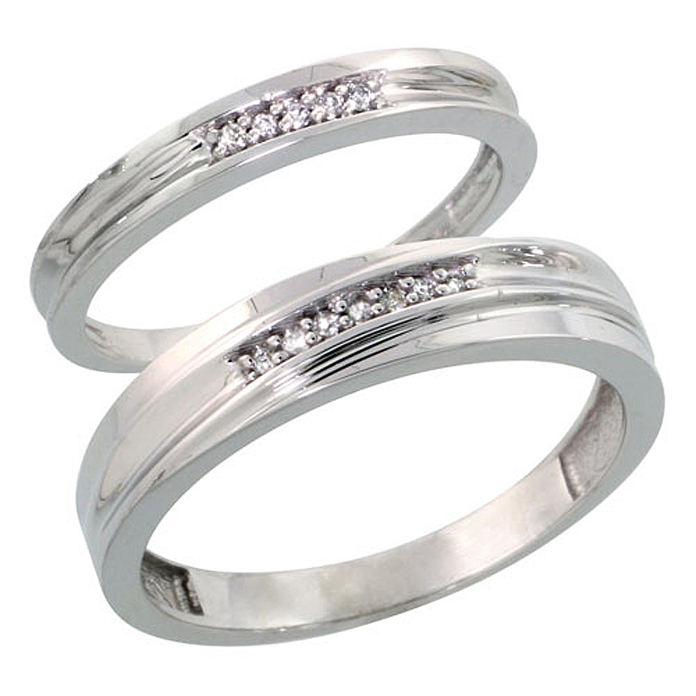 Sterling Silver Diamond 2 Piece Wedding Ring Set His 5mm & Hers 3mm Rhodium finish, Men's Size 8 to 14